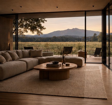 Wohnraum mit großem Sofa und Glasfront zur Wiese und den Bergen